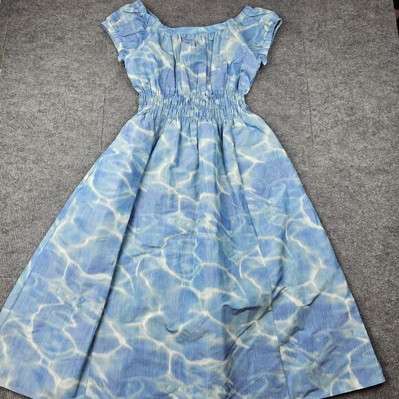 Ann Mashburn Dress Womens Medium Blue Water Smocked Waist A Line Midi Preppy - Picture 1 of 7